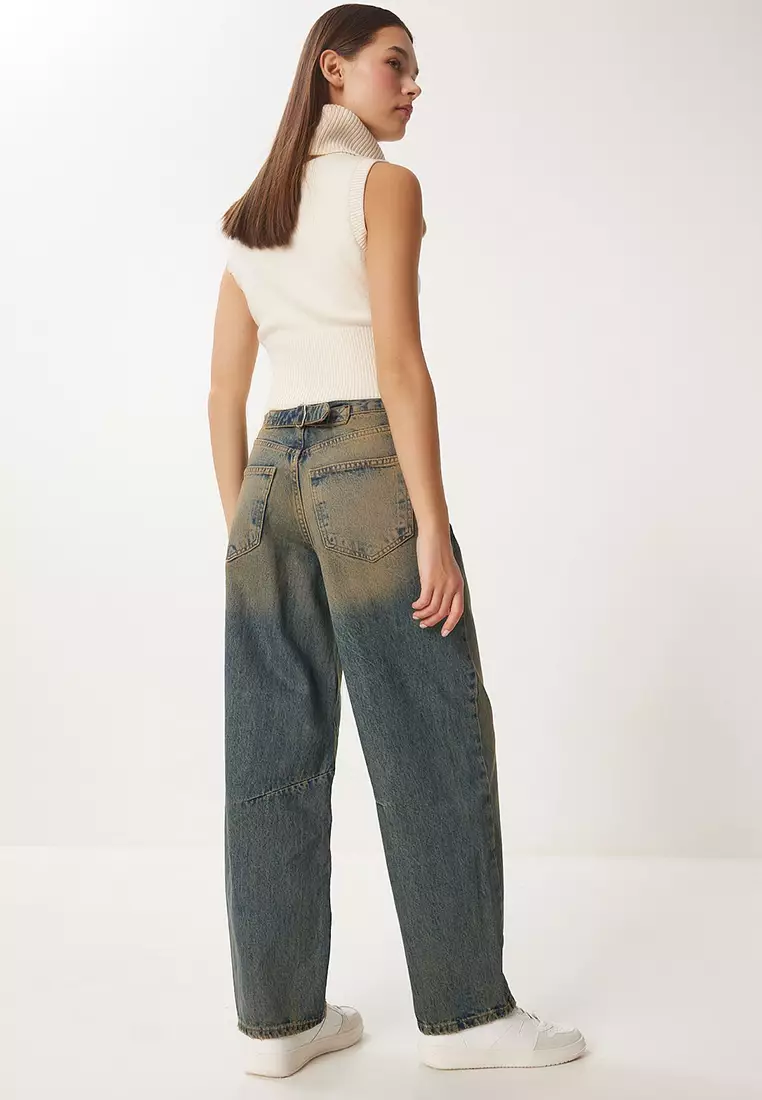 High Waist Faded Effect Baggy Jeans