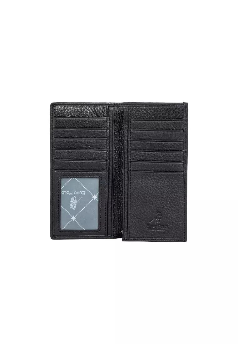 Men's Black Leather ID Long Wallet with Multiple Card Slots Medium Size EWB 50156