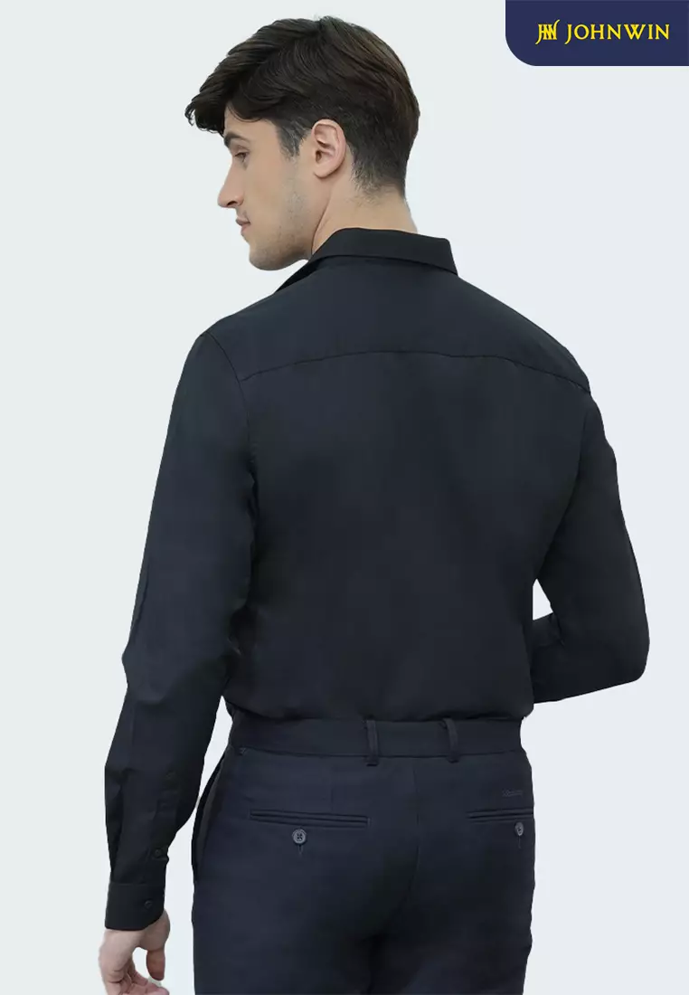 Johnwin - Kemeja Formal Oppulence - Kemeja Pria - Model Basic - Katun Knitting - Lengan Panjang - Slim Fit - Hitam - FSH.650.K395.982.C-L/S