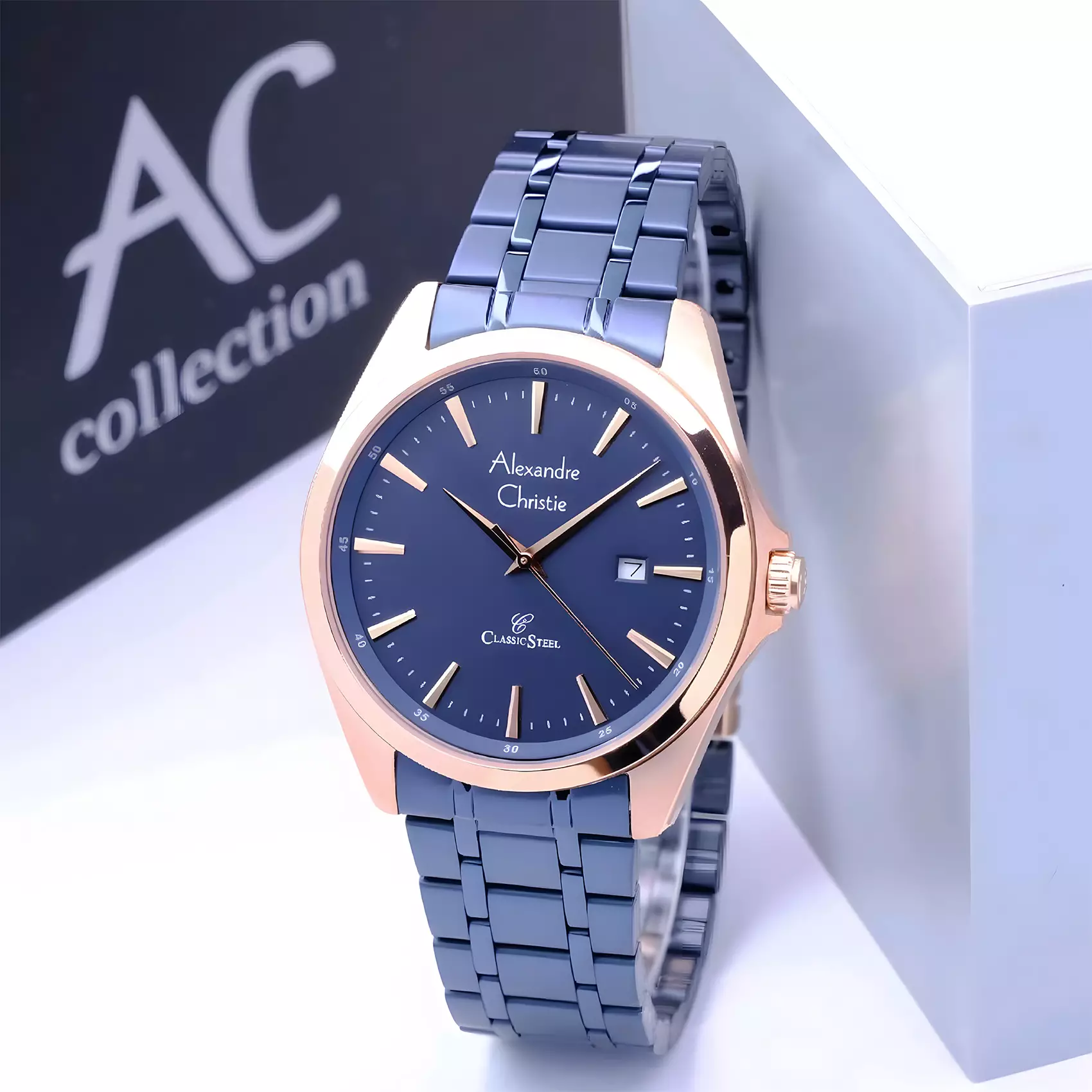 Alexandre Christie - Jam Tangan Analog Pria - Blue Rose Gold - Stainless Steel - 8661 MDBURBU