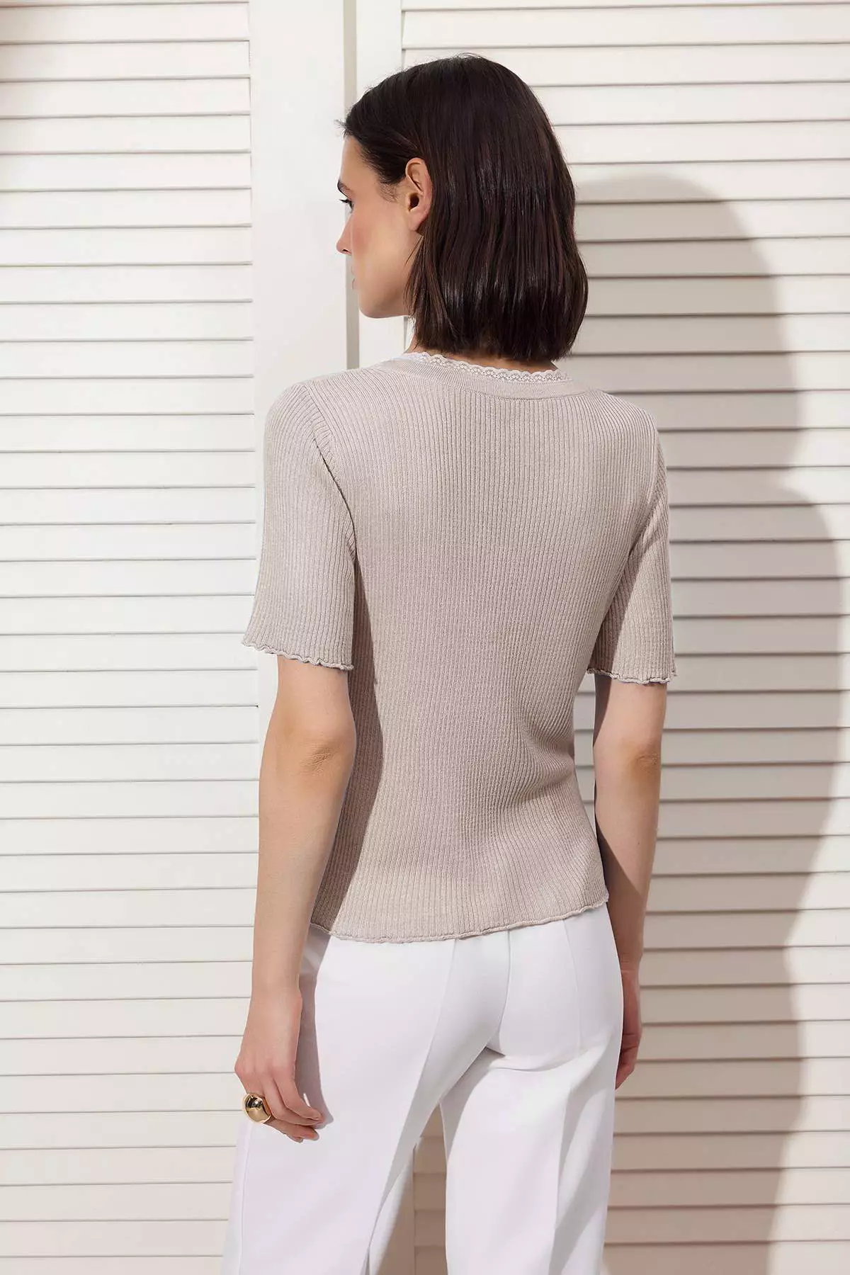 Stone V-Neck Lace Detailed Color Block Fitted Slim Knitwear Blouse Twoss26Bz00292