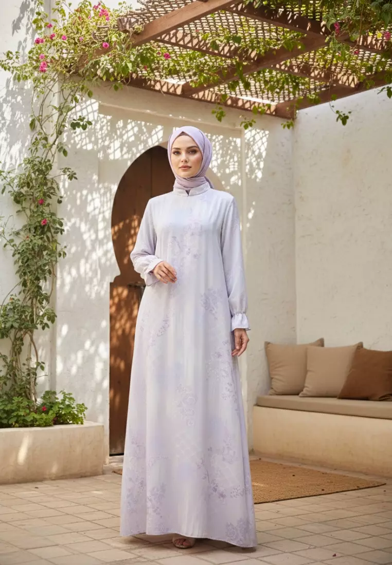 Gamis Lebaran Terbaru Mosleem Kekinian Lengan Karet Motif Warna Soft Purple By Brilliant Girl Warna UNGU