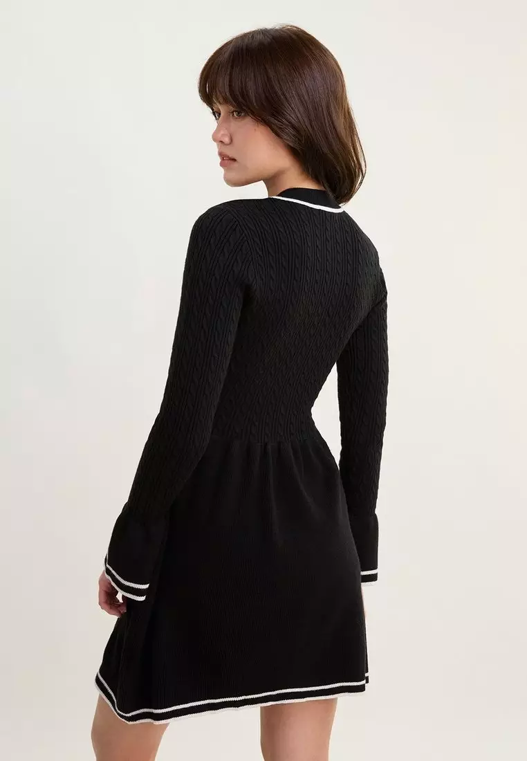 Contrast Trim Knit Mini Dress - Black