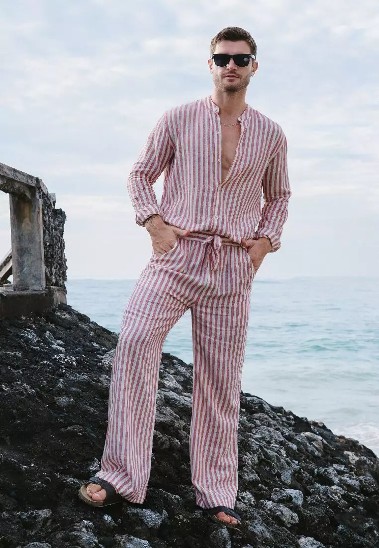 Splitz Celana Panjang Linen Pria Merah Garis | Linen Baggy Pants Men Striped Red
