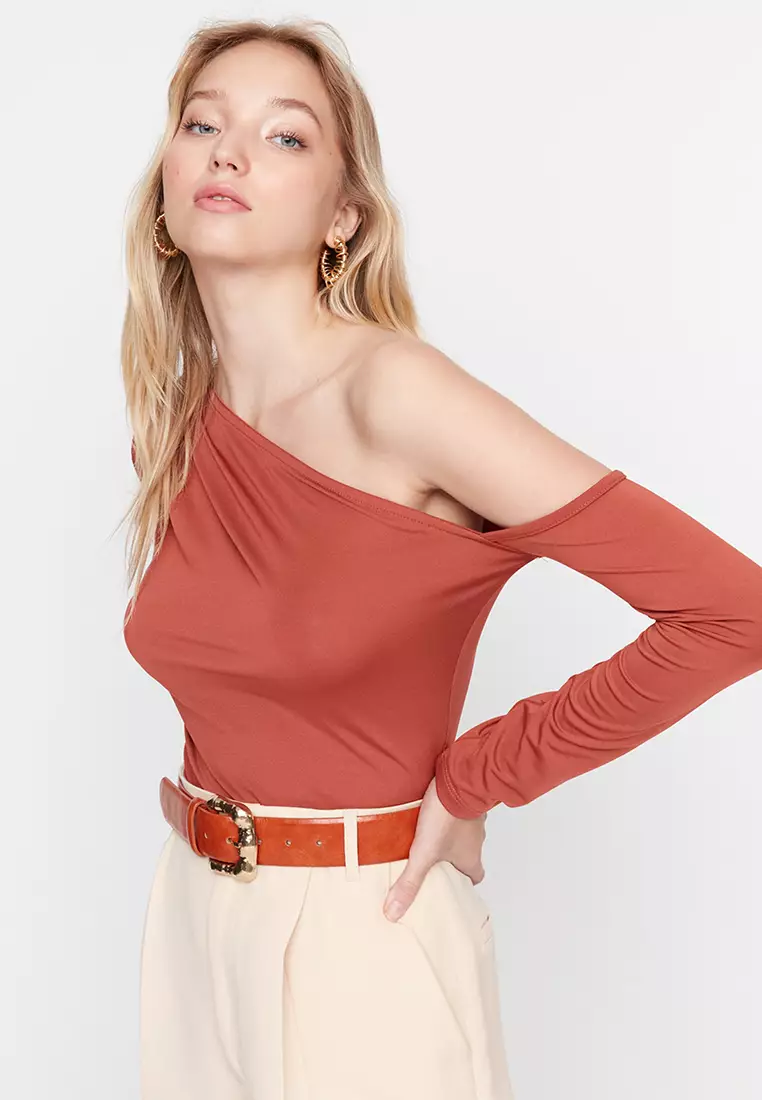 Asymmetrical Collar Knitted Bodysuit