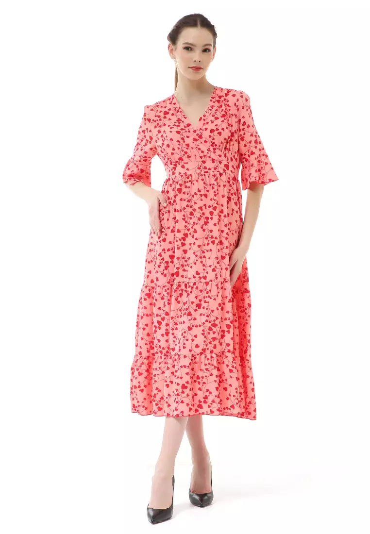 Rachel Midi Dress Wanita Vneck Lengan Pendek Desain Karet Material Polyester ORIGINAL - Pink