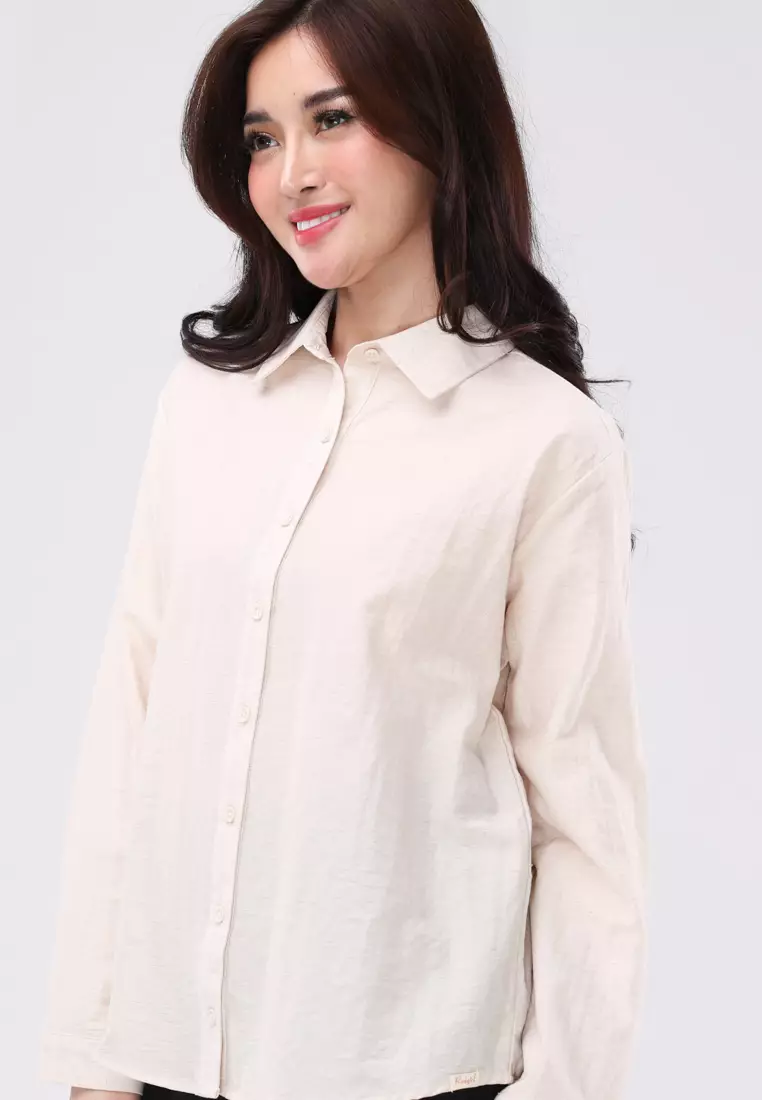2 Tone Poly Woven Long Sleeves Collared Blouse