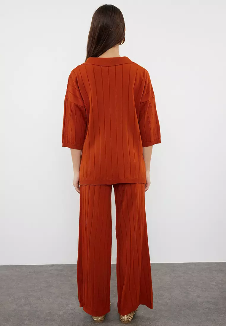 Tile Wide Pattern Basic Ribbed Knitwear Bottom-Top Set Twoss23Au00029