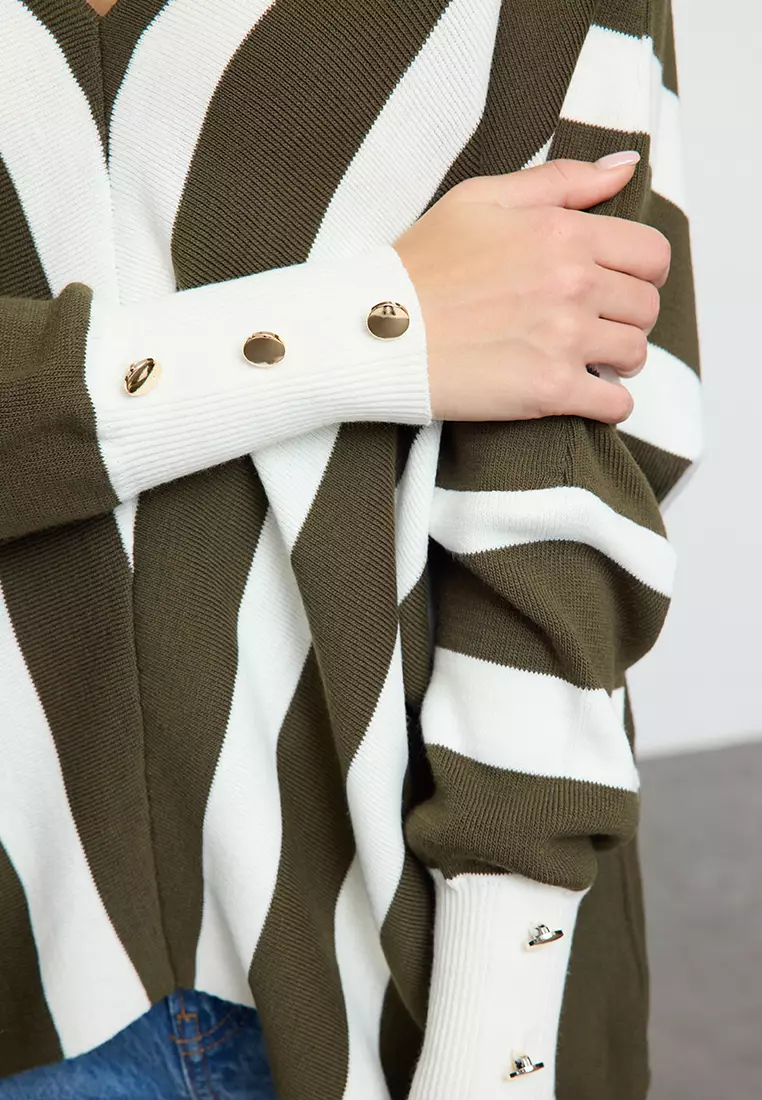 Green Deep V Neck Striped Knitwear Sweater