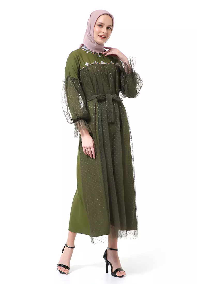 Varsha Dress Wanita Long Sleeve Motif Polos Polkadot High Quality - Army