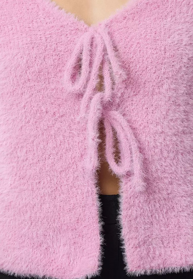 粉紅色短版羽毛綁帶針織外套 TWOAW25HI00111