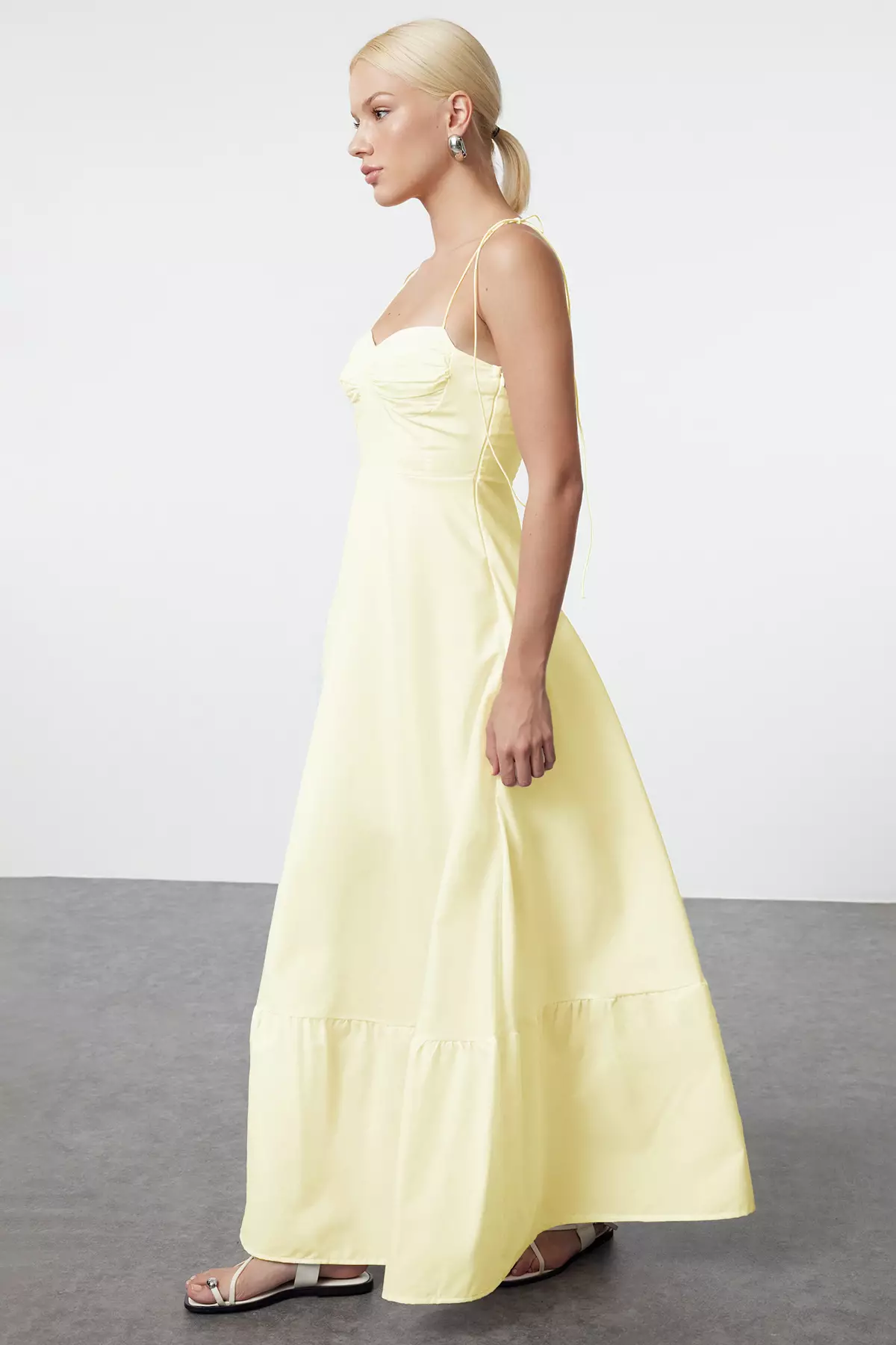 Light Yellow Waist Opening Drape Detailed Strap Woven Maxi Dress