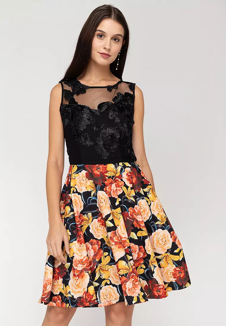 Lace yoke floral clearance flare dress