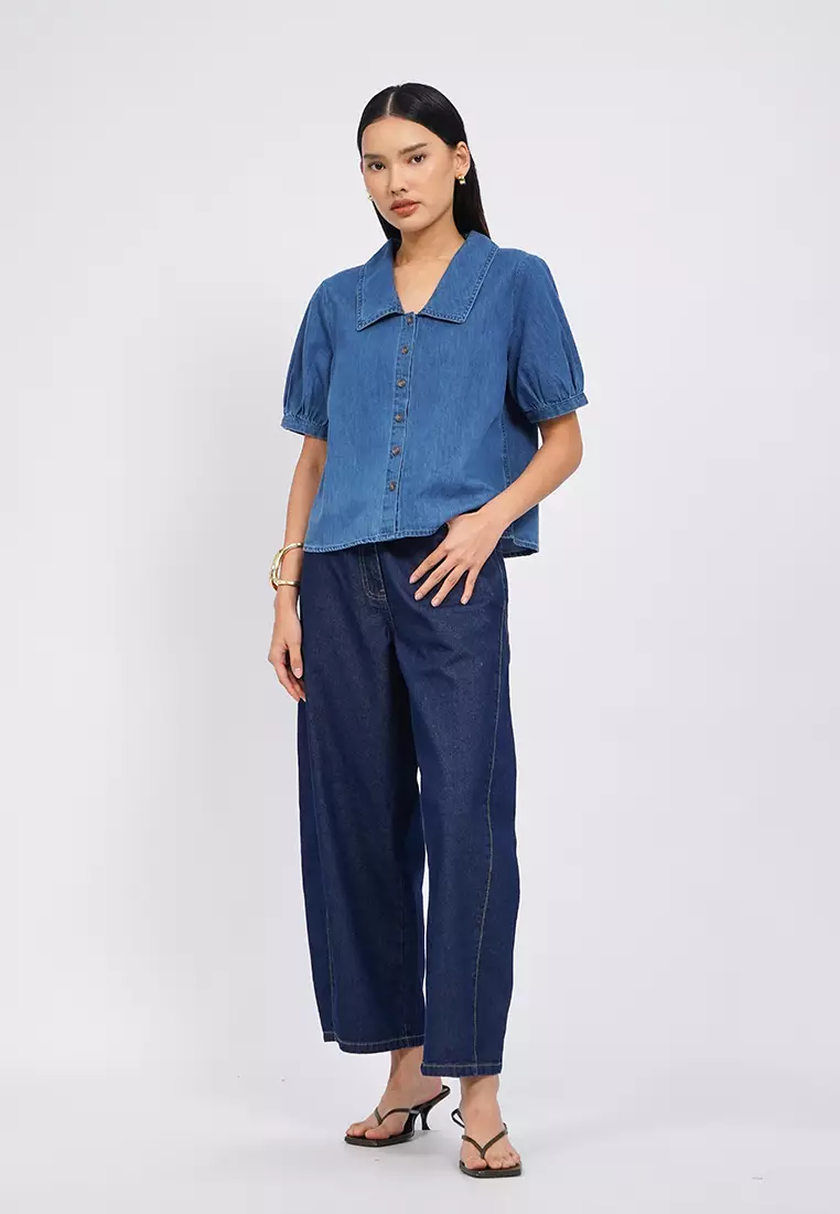 Puff Sleeves Chambray Blouse MED BLUE