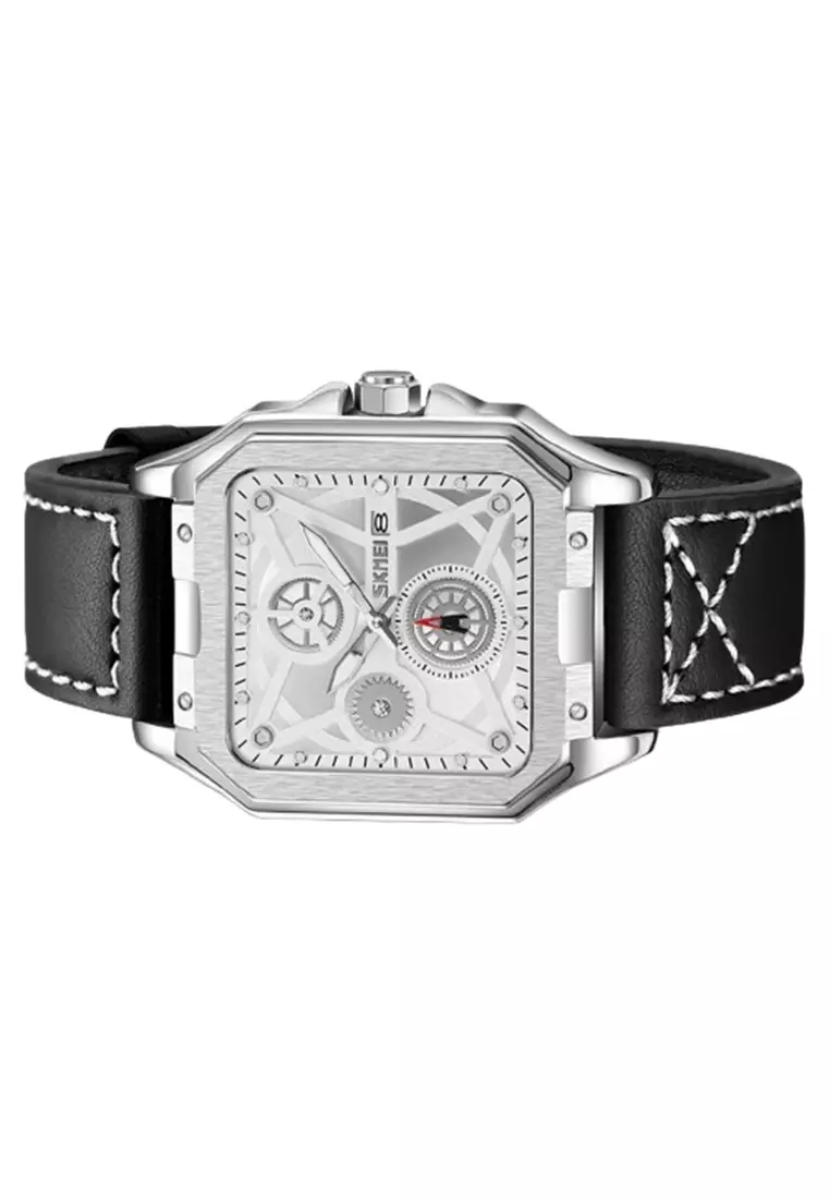 Jam Tangan Pria Analog Date SKMEI 9330 Fashion Leather Strap Tahan Air ORIGINAL - Silver
