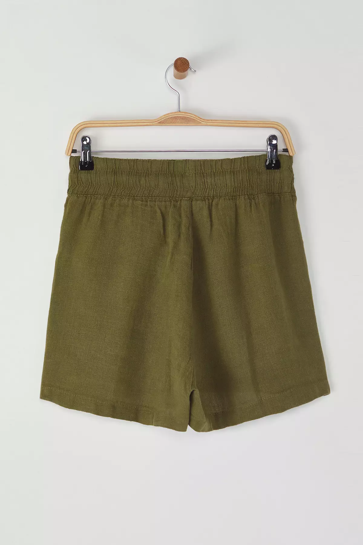 Khaki 1% Linen Elastic Waist High Waist Shorts Twoss26Sr19