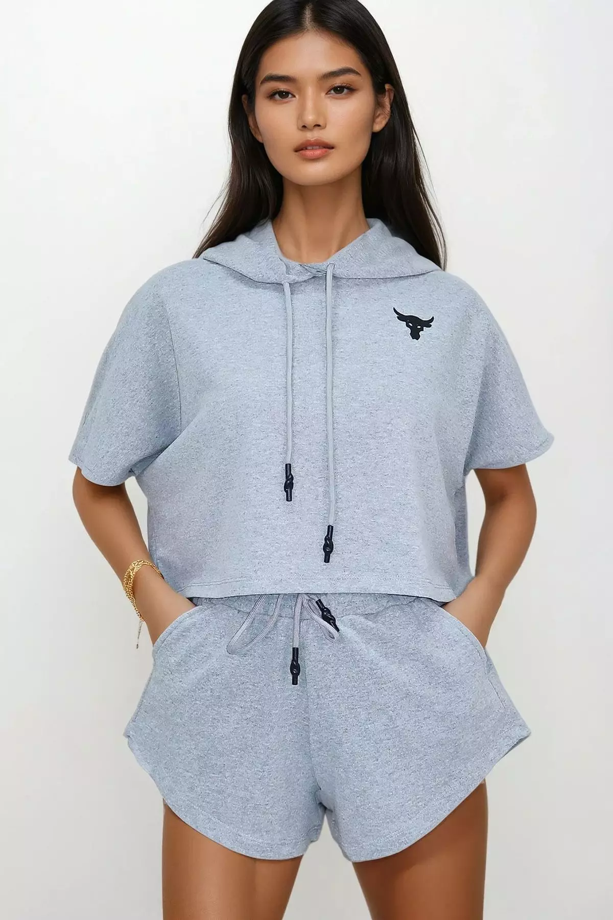 Women's Gray Hooded Crop Sweatshirt And Shorts Set Alc-760-001-Tk