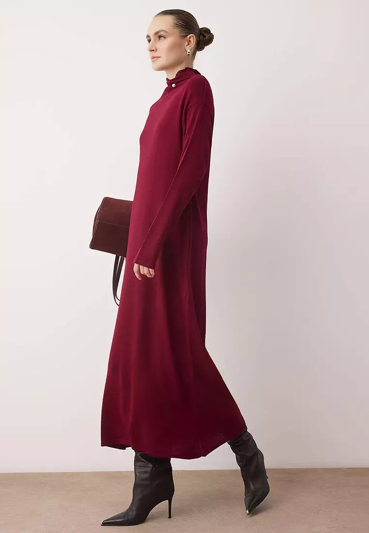 Burgundy Pearl Accessory Detailed Knitwear Dress Tctaw26Eb00061