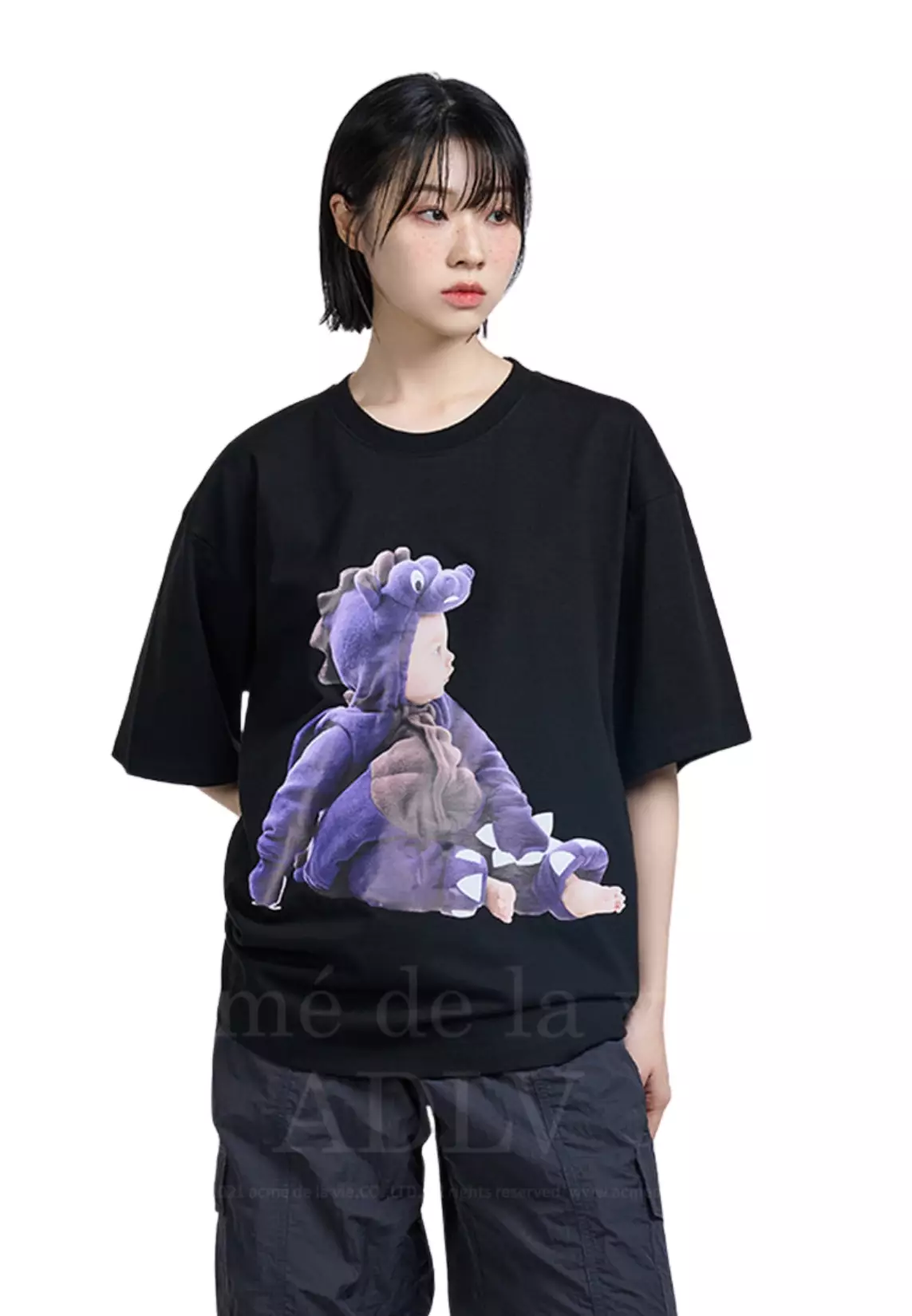 Baby Face Short Sleeve Tshirt - Black Purple Dinosaur