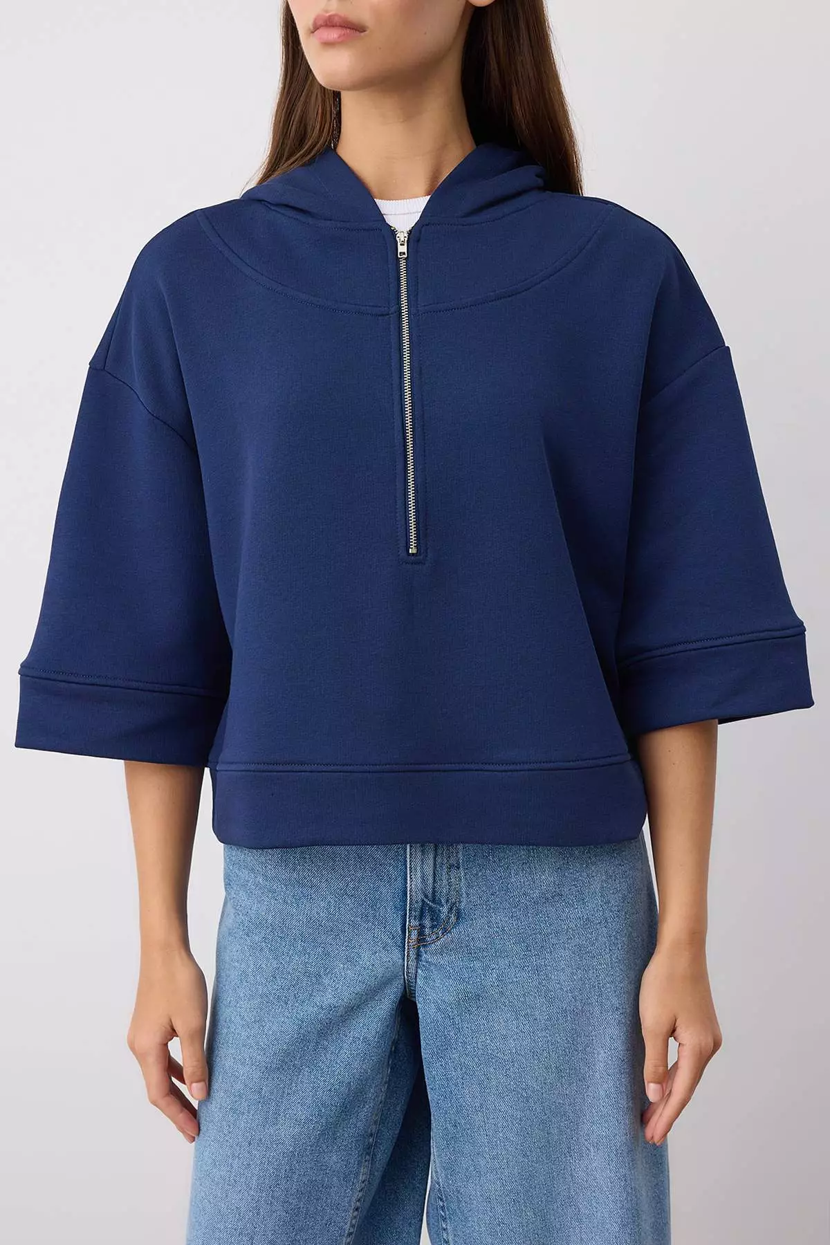 Navy Blue Hooded Zipper Detailed Three Quarter Sleeve Thick Knitted Sweatshirt