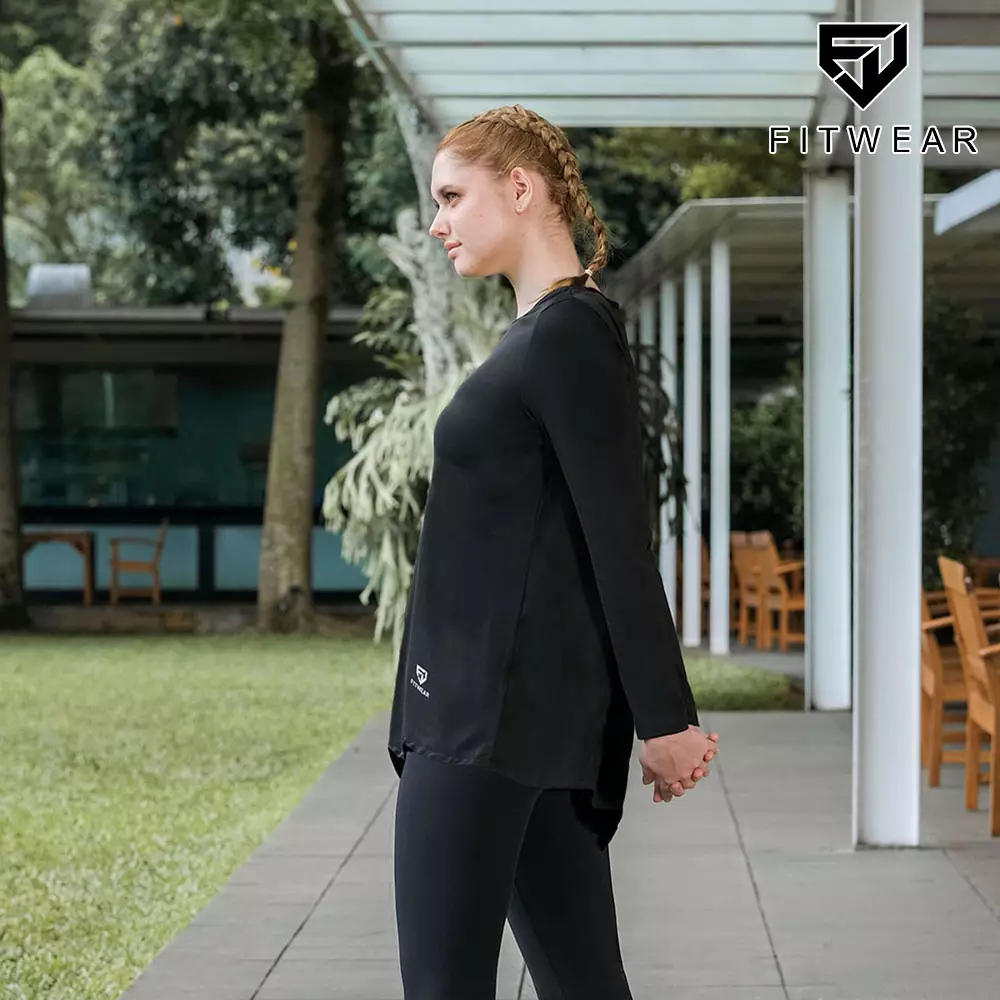 Fitwear - Kaos Olahraga Wanita FITWEAR NEW AURORA DRYFIT SIDE TIE OVERSIZE L/S - BLACK DRYFIT