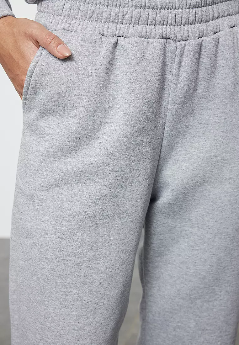 Gray Melange Regular/Normal Pattern Basic Thick Inside Fleece Knitted Tracksuit