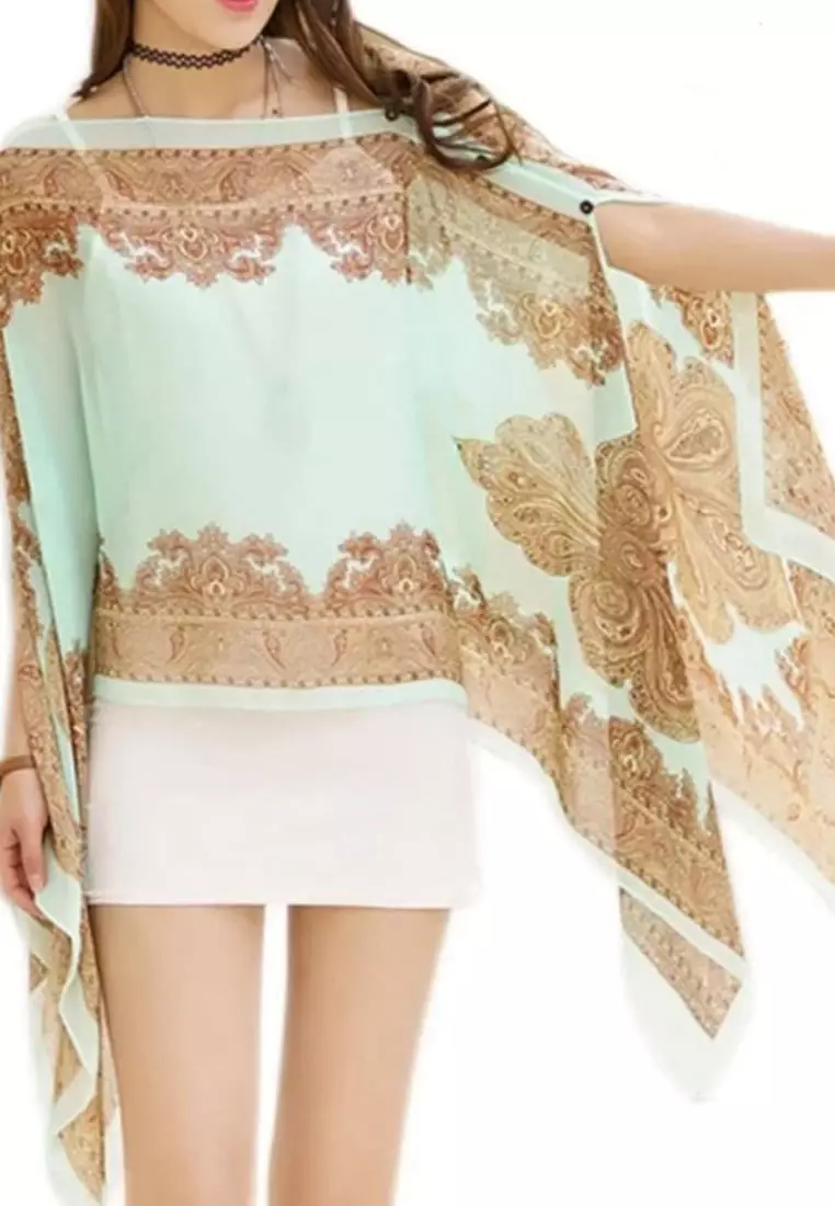 Aksesoris Wanita Victorian Print Multipurpose Scarf & Outer Poncho Style Syal Outer Wanita Mint Green