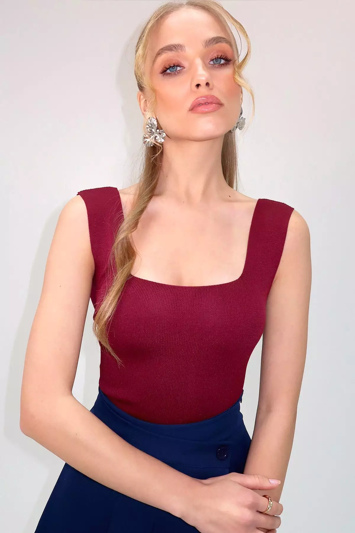 Women's Grey - Plum Square Collar Seasonal Mercerized 2 Piece Knitted Blouse