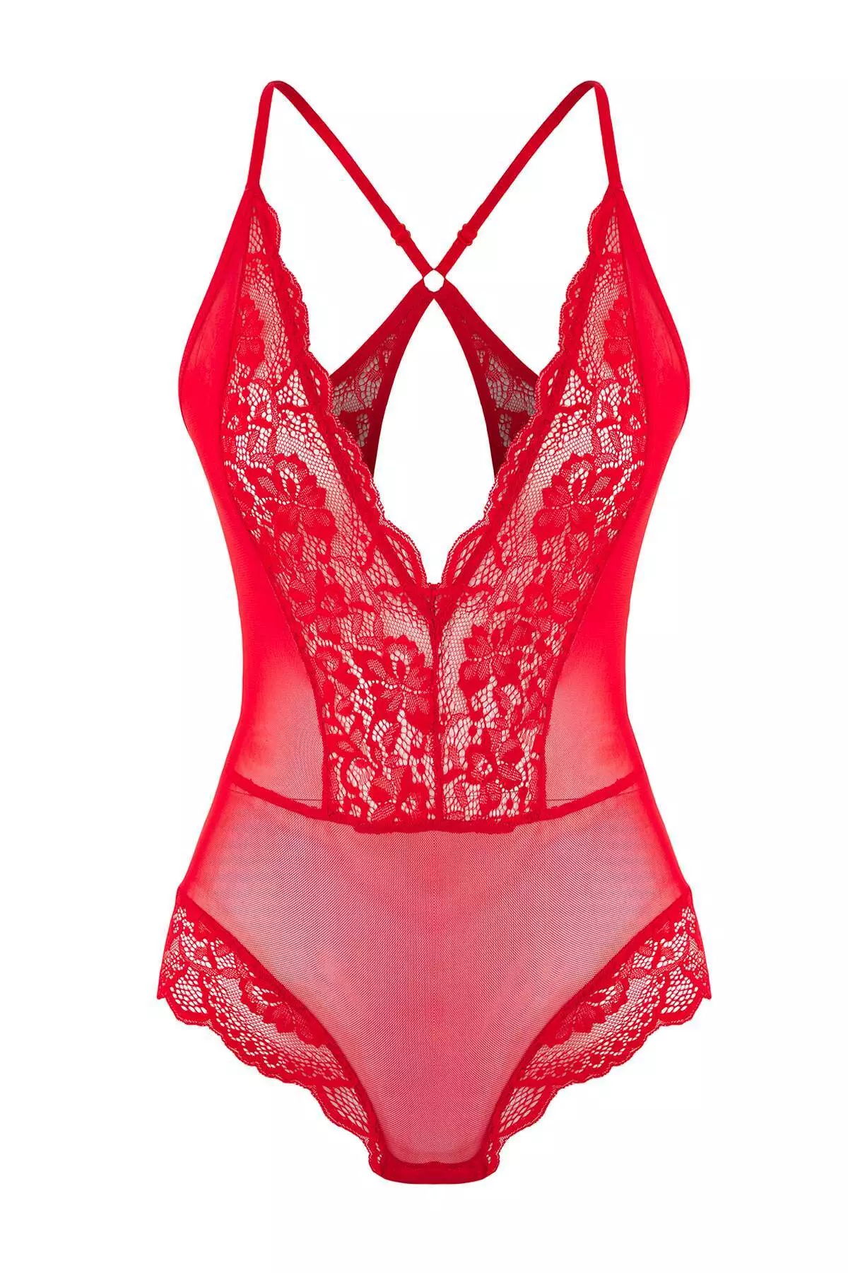 Red Tulle Lace Detailed Uncovered Knitted Bodysuit
