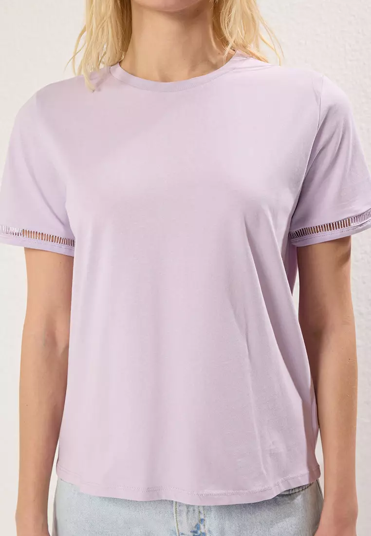 Lilac Embroidery Detail Basic Crew Neck Knitted T-Shirt