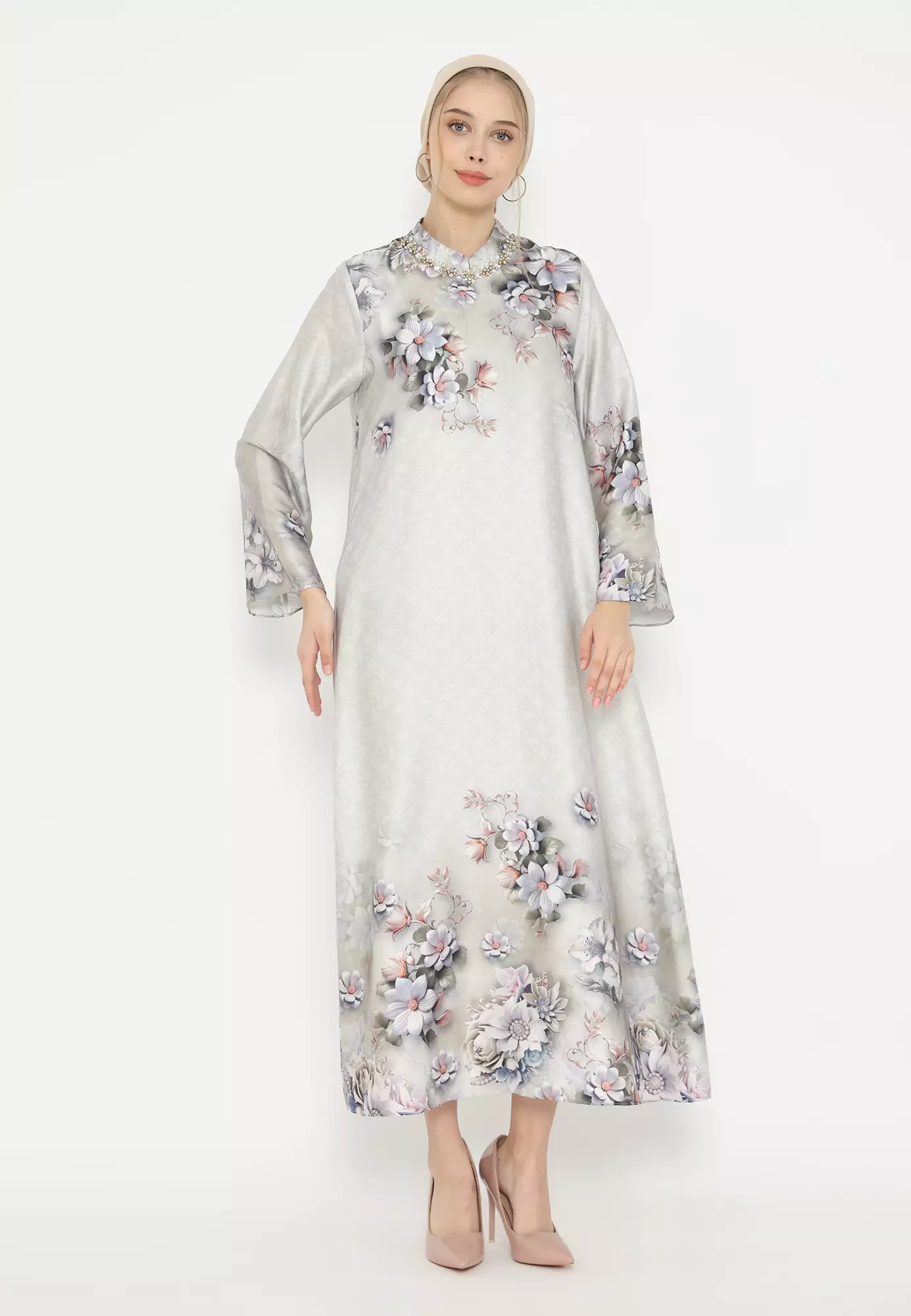 Gamis Muslim Floral Soft Green Armany SIlk Elegant By Brilliant Girl Warna HIJAU
