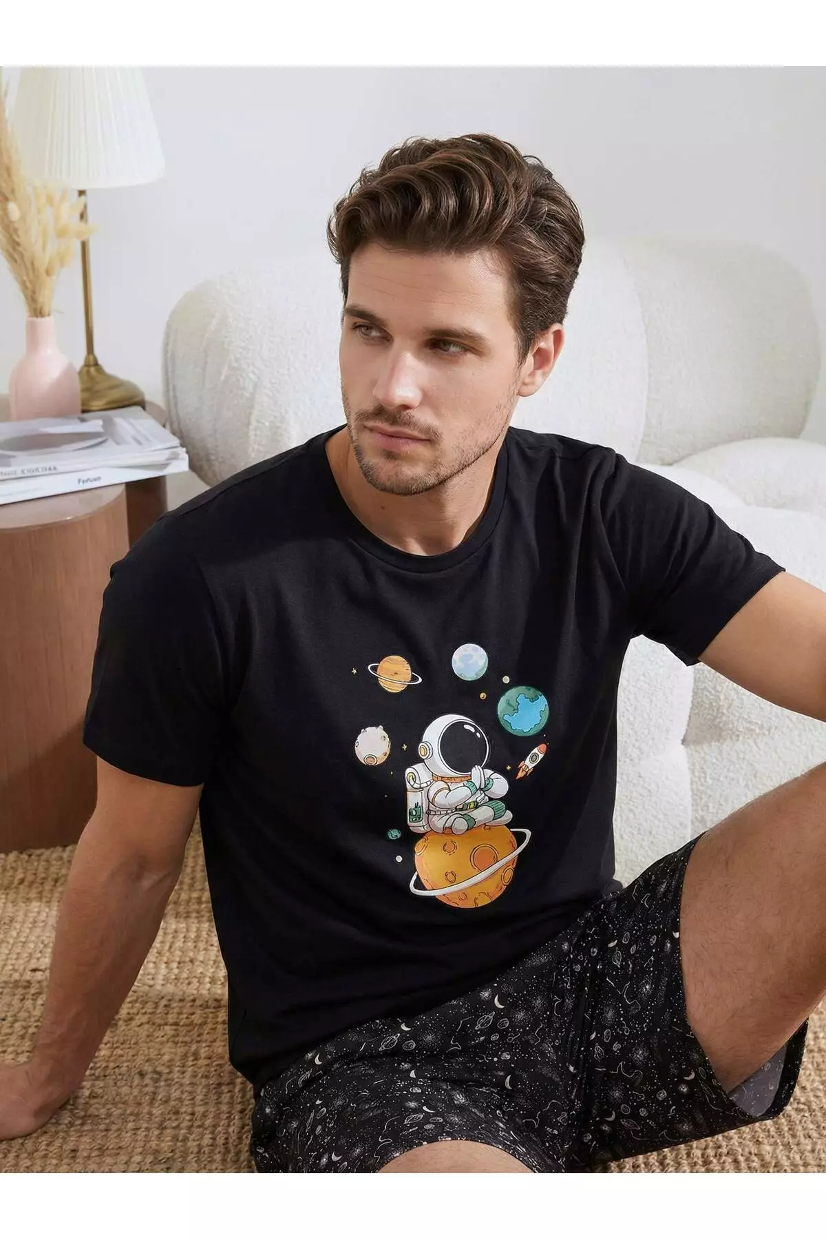 Black Regular Cut Galaxy Pattern Cotton Pajama Set Tmnss26Pt00026