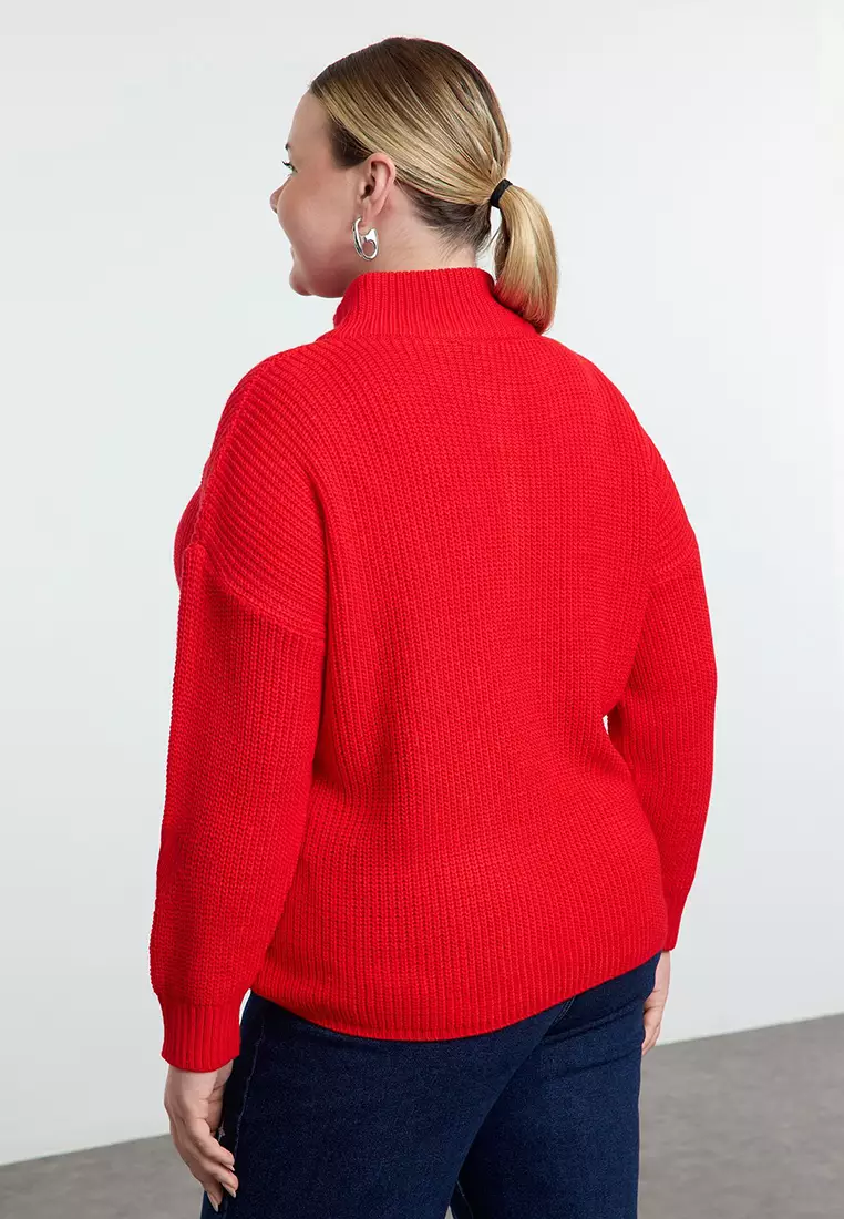 Red Zipper Collar Knitwear Sweater Tbbaw25An00026