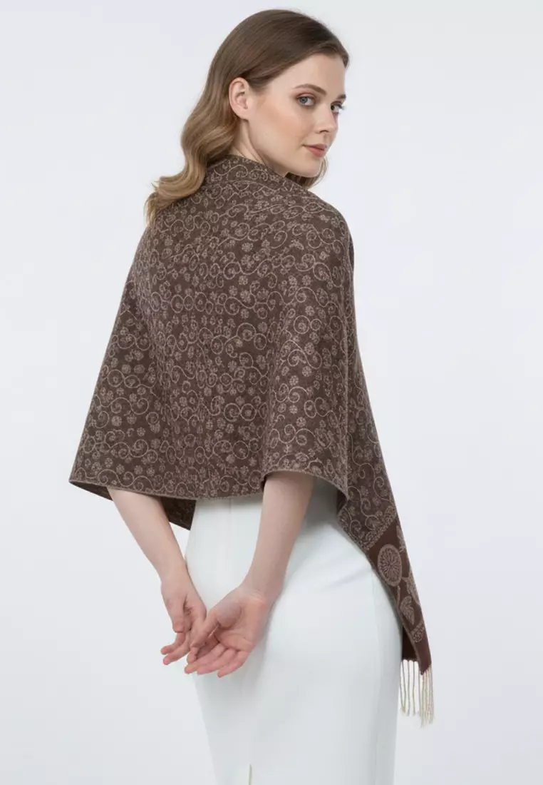Aksesoris Wanita Reversible Viscose Circular Vine  Pattern Pashmina Shawl Syal Wanita Brown