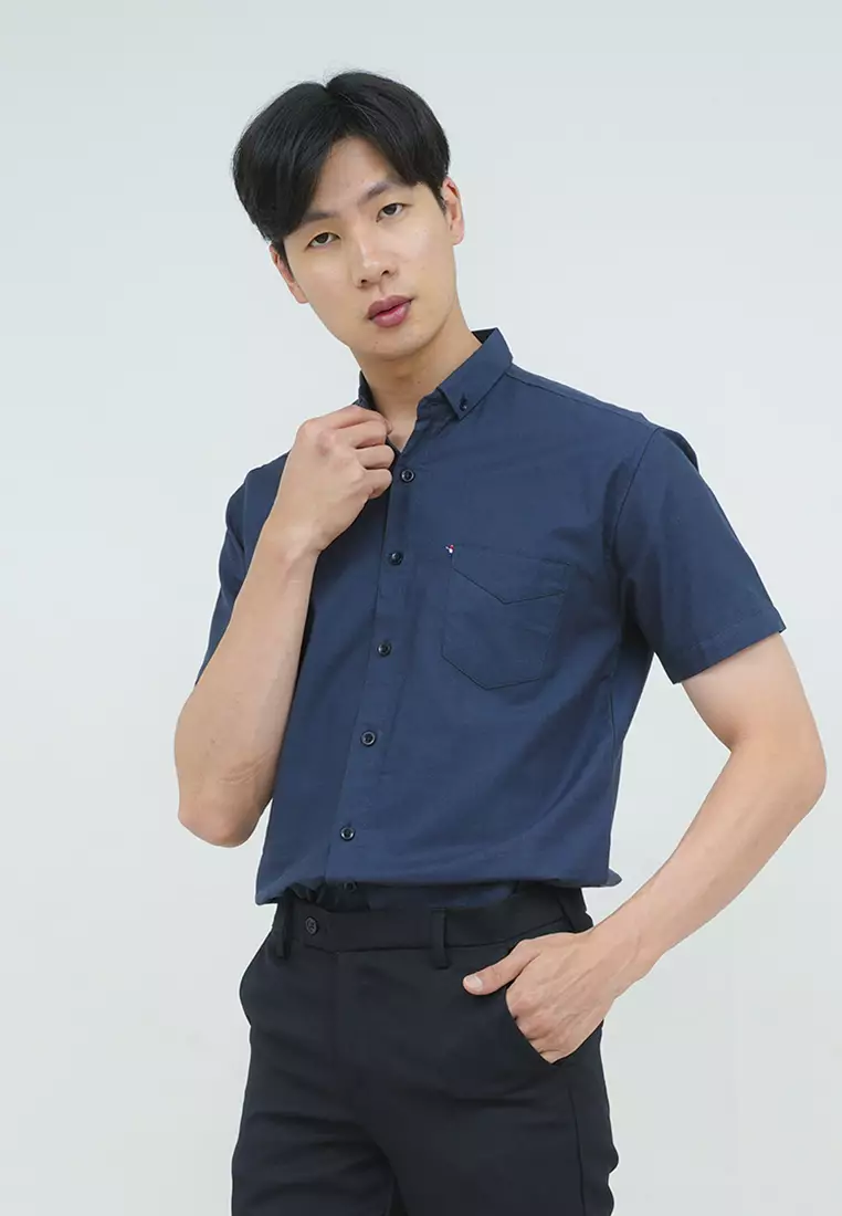 Kemeja lengan pendek pria formal slim fit navy houseofcuff