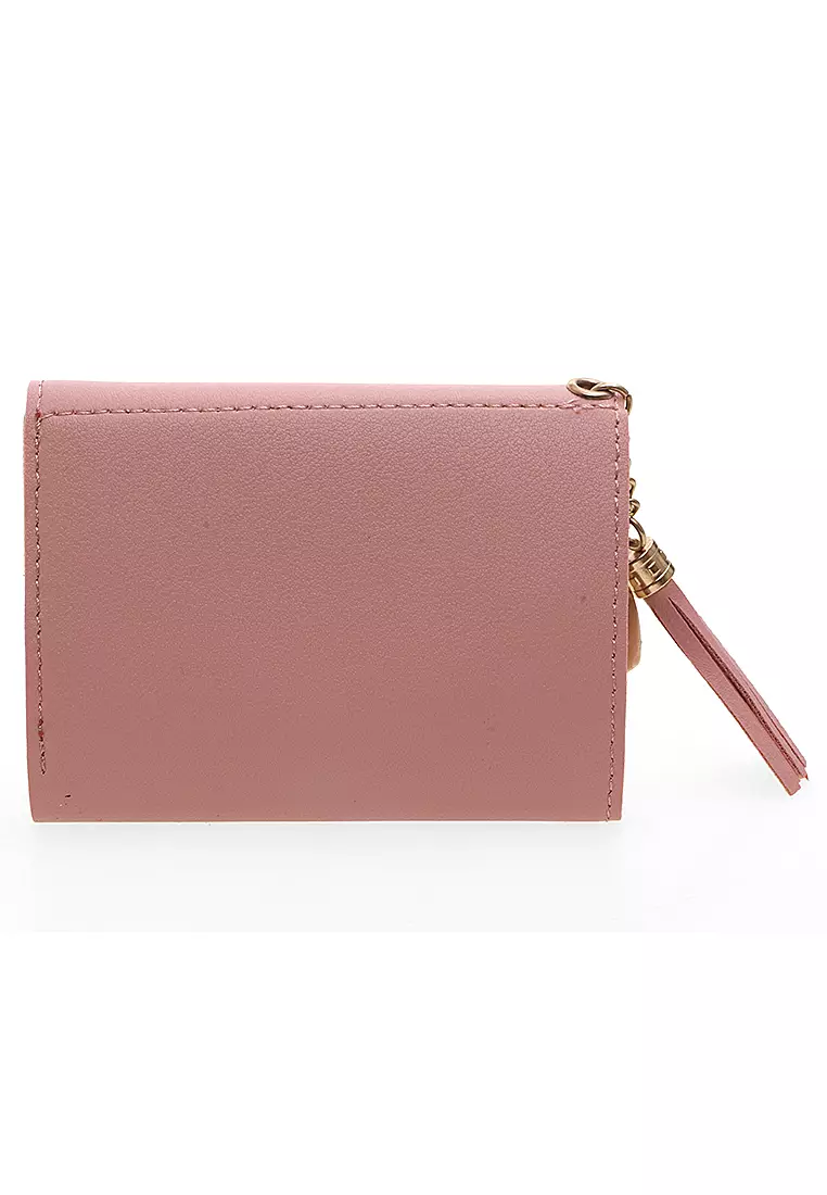 Dompet Wanita Aksen Rumbai Motif Solid Design Pastel Detail Kancing Snap - Pink Muda