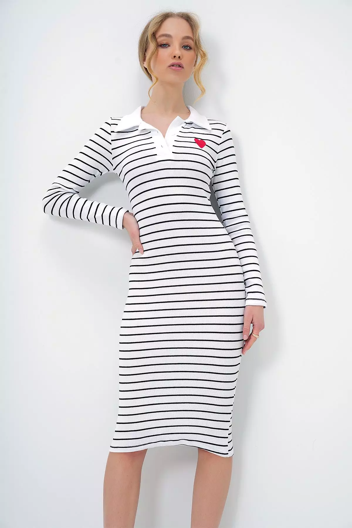 Women's White Striped Polo Neck Sweetheart Embroidery Buttoned Basic Dress