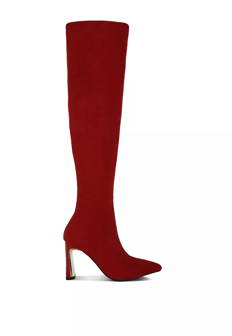 Red Slim Block Heel Long Boots
