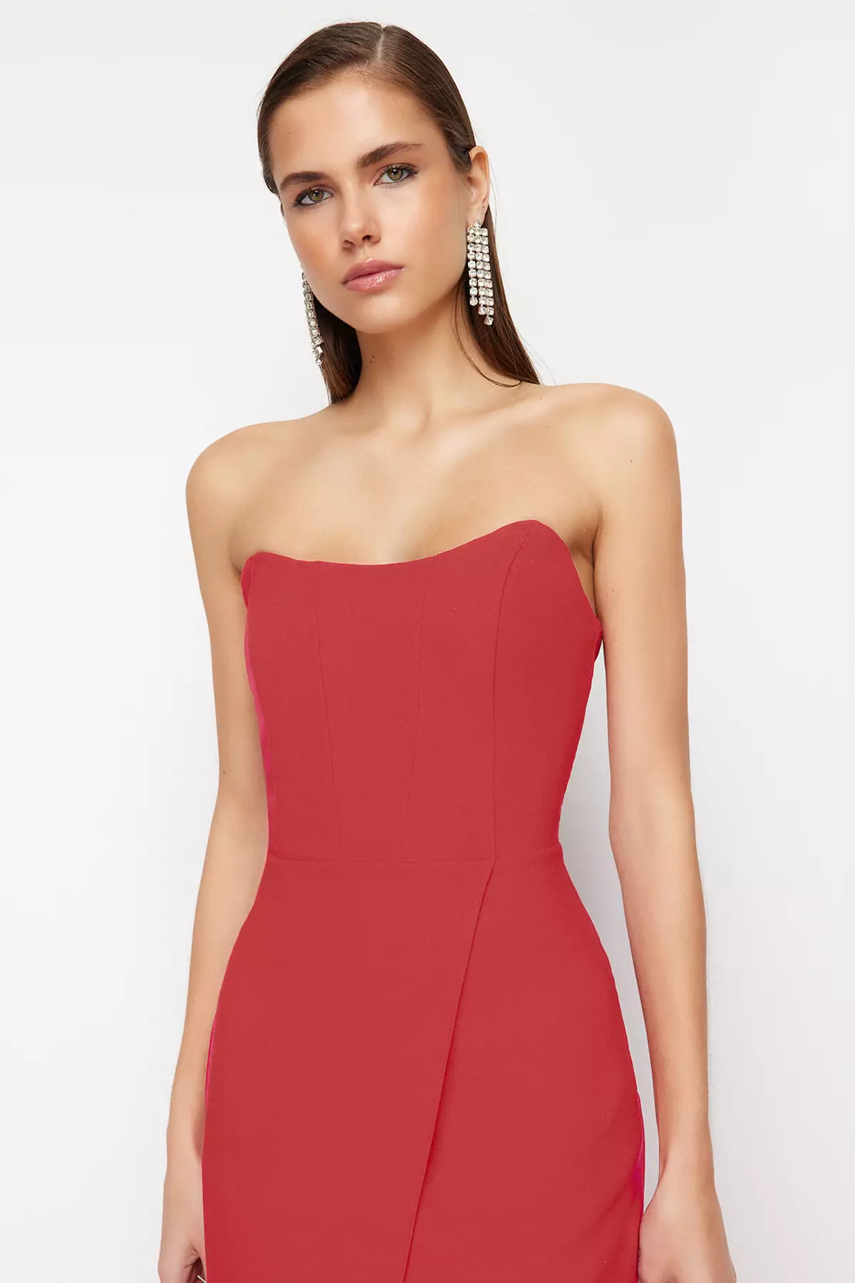 Red Corset Detailed Woven Long Evening Dress