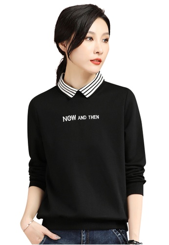 A-IN GIRLS black and white Black Striped Lapel Sweatshirt 7F3B8AAED6F78AGS_1