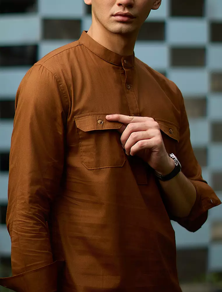 Kemeja koko Collarless shirt OXCON GHAISAN Brown