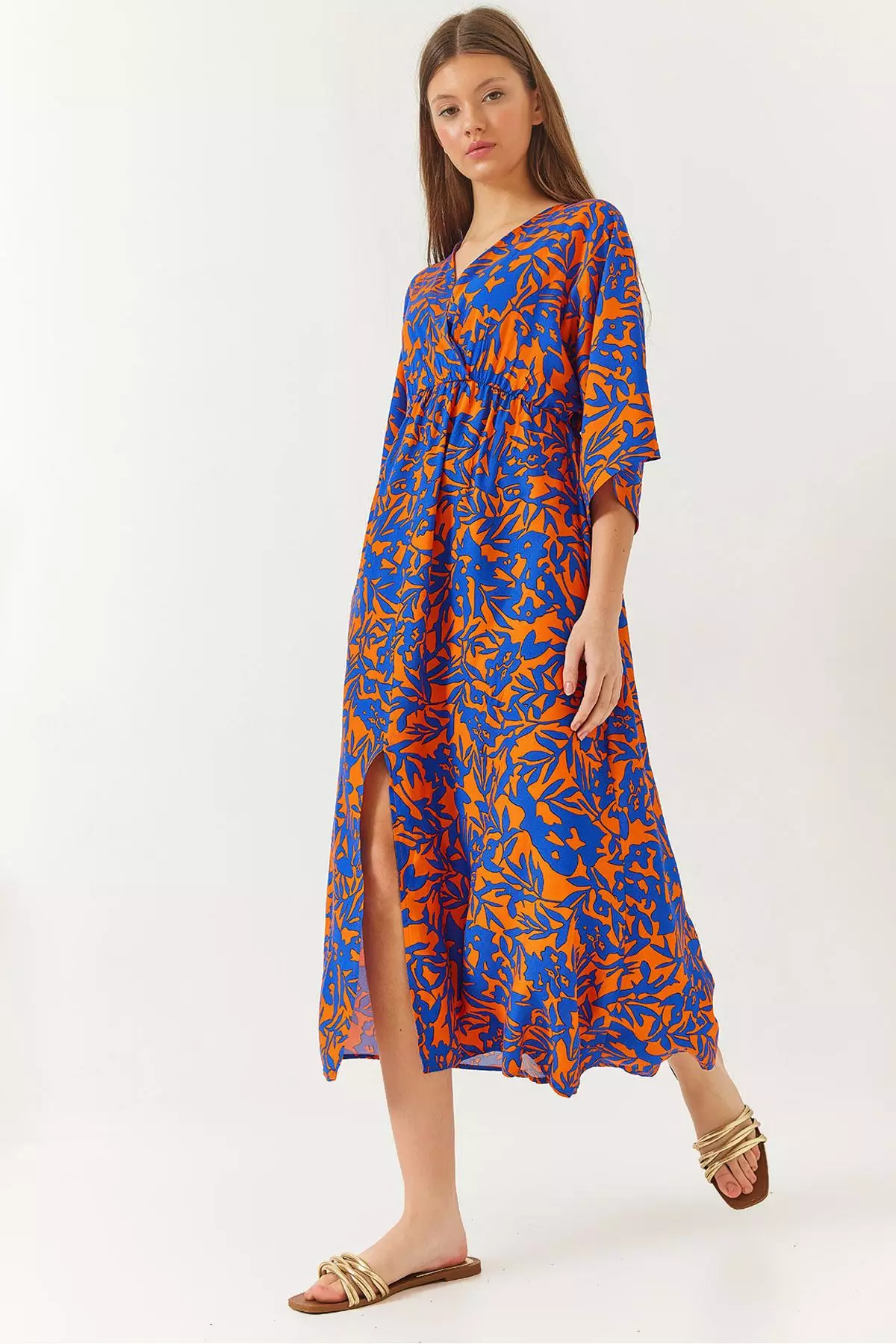 Women's Double Breasted V Neck Front Slit Detail Print Dress 60261411