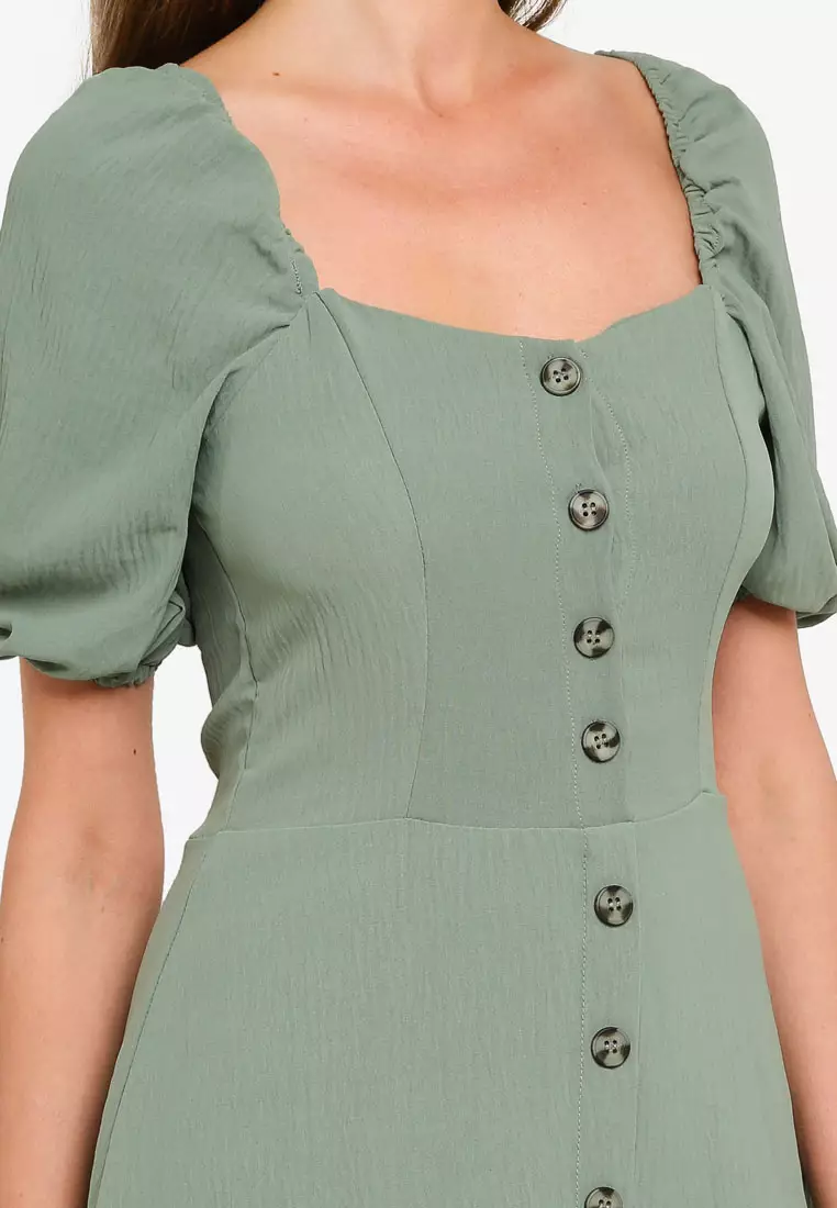 Sage Puff Sleeve Button Mini Dress