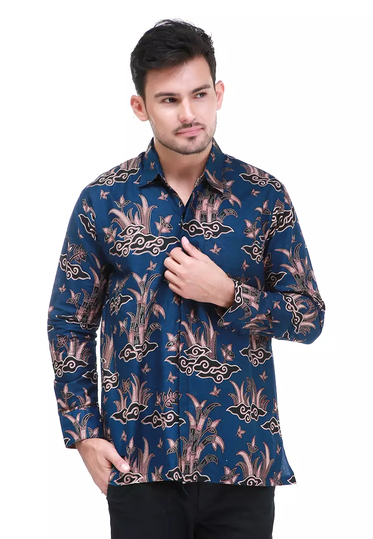 Dwan Kemeja Batik Pria Mega Mendung Atasan Formal Longsleeve Shirt Material Cotton ORIGINAL - Navy