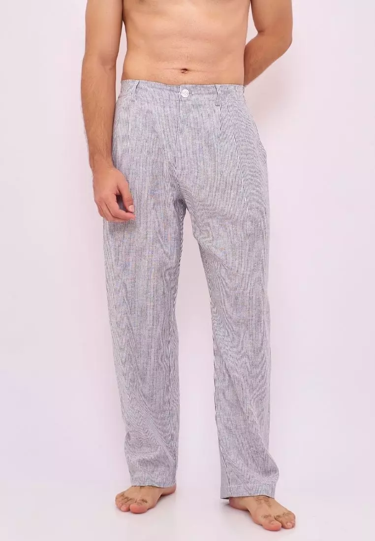 Jekyll Celana Panjang Linen Pria Putih Garis | Linen Loose Pants Men Striped White
