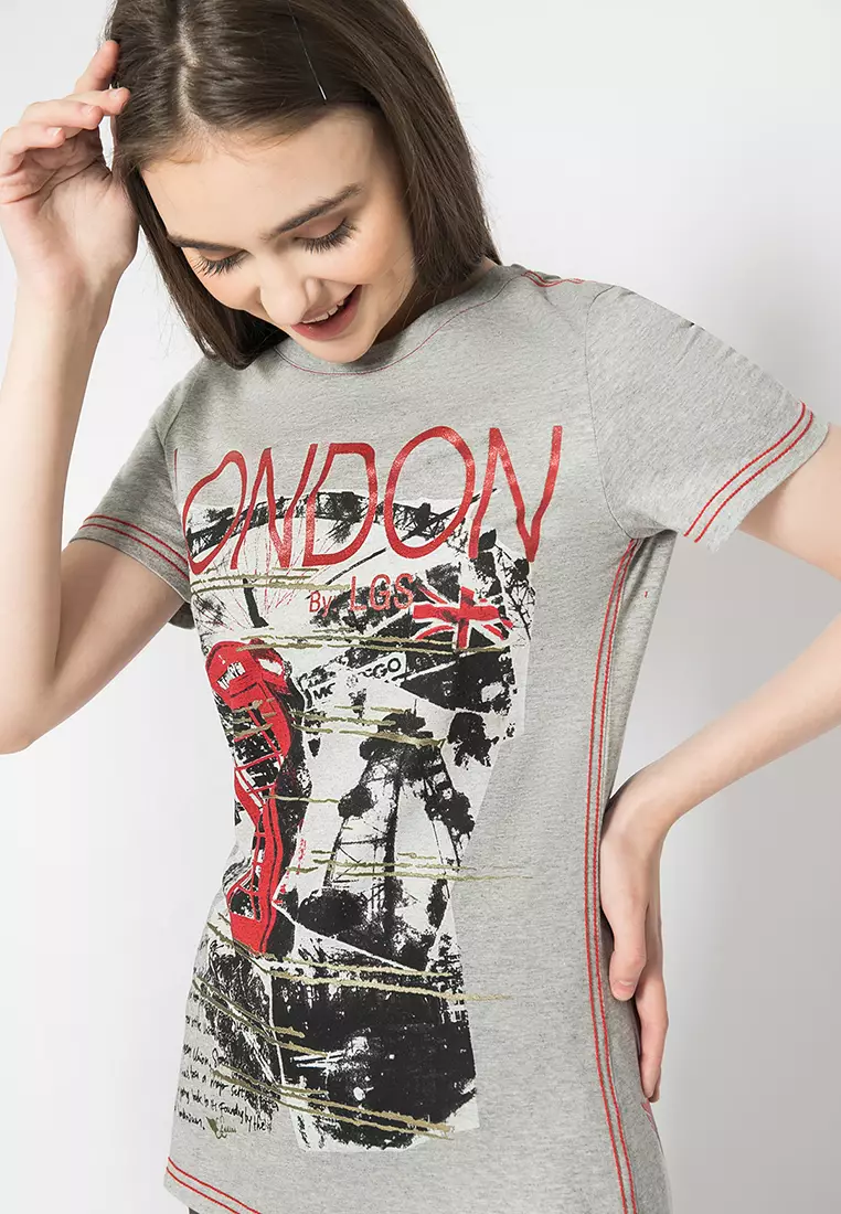 LGS - Kaos Casual Wanita - Lengan Pendek - Warna Abu Muda - Gambar Sablon - LTS.555.T880M.008.C