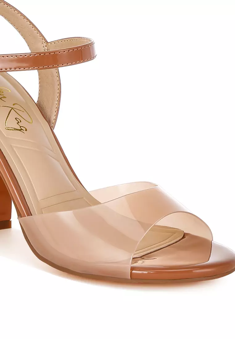 Sandal Hak Blok Tali Bening Berwarna Coklat Muda