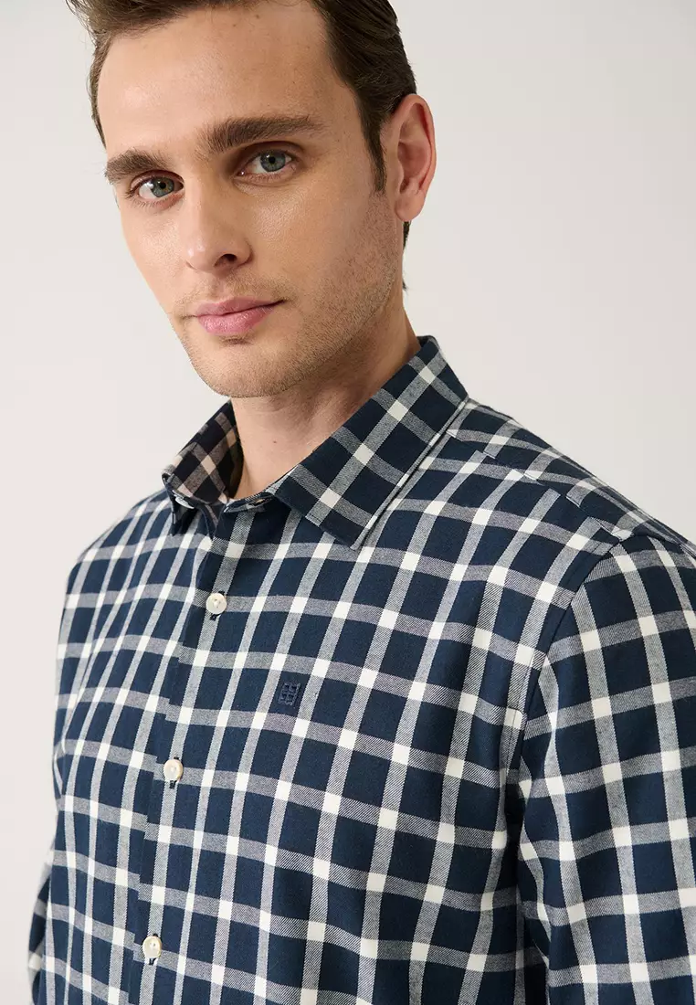 Men's Navy Blue-White Cotton Plaid Flannel Lumberjack Shirt A32Y2158