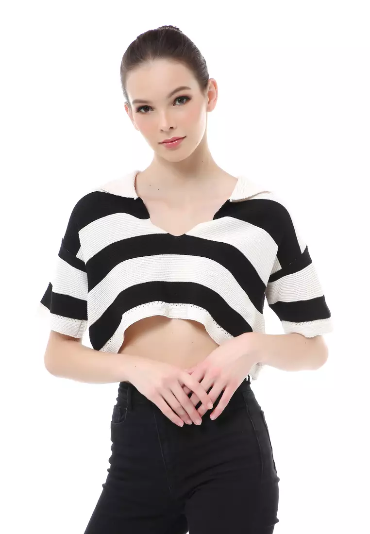 Albertine Atasan Crop Wanita Lengan Pendek Motif Salur Material Rajut ORIGINAL - Black
