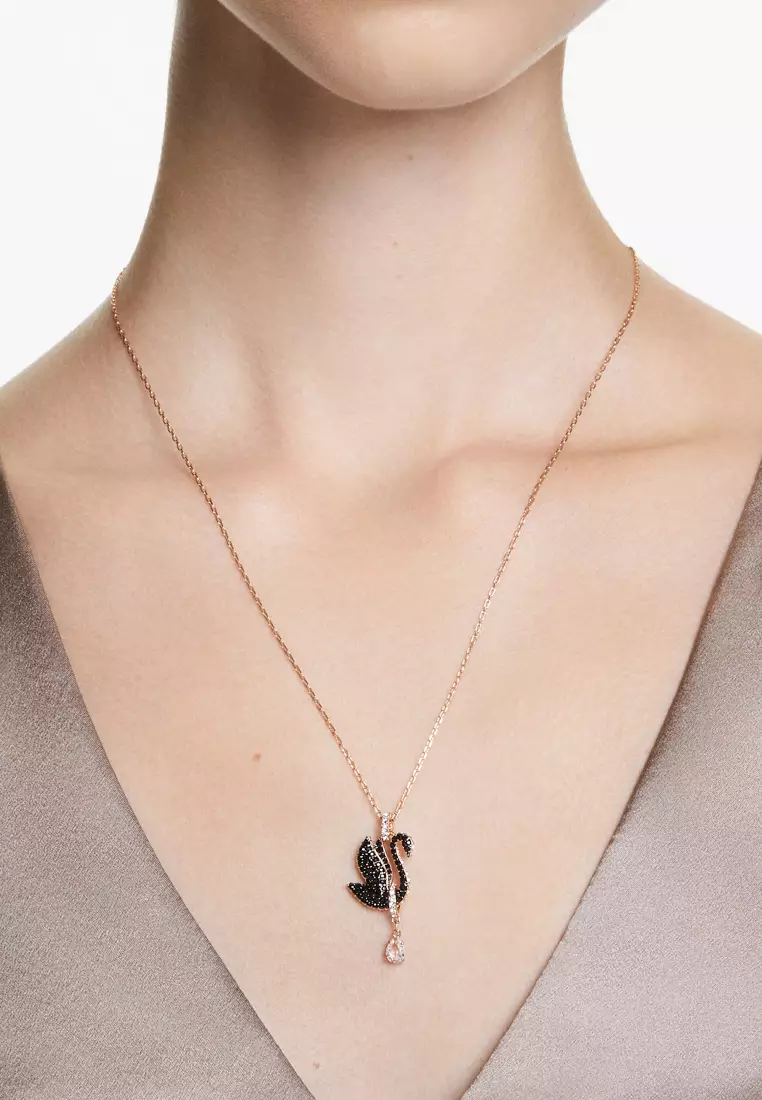 Swarovski Swan pendant, Swan, Black, Rose gold-tone plated